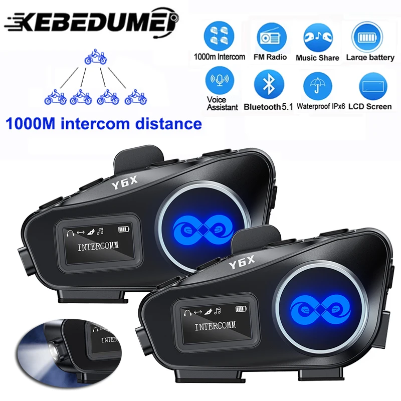 Y6X Motorcycle Helmet Intercom headphone 1000m for 4 Riders Group Talking Interphone Music Share Waterproof With LED Lighting