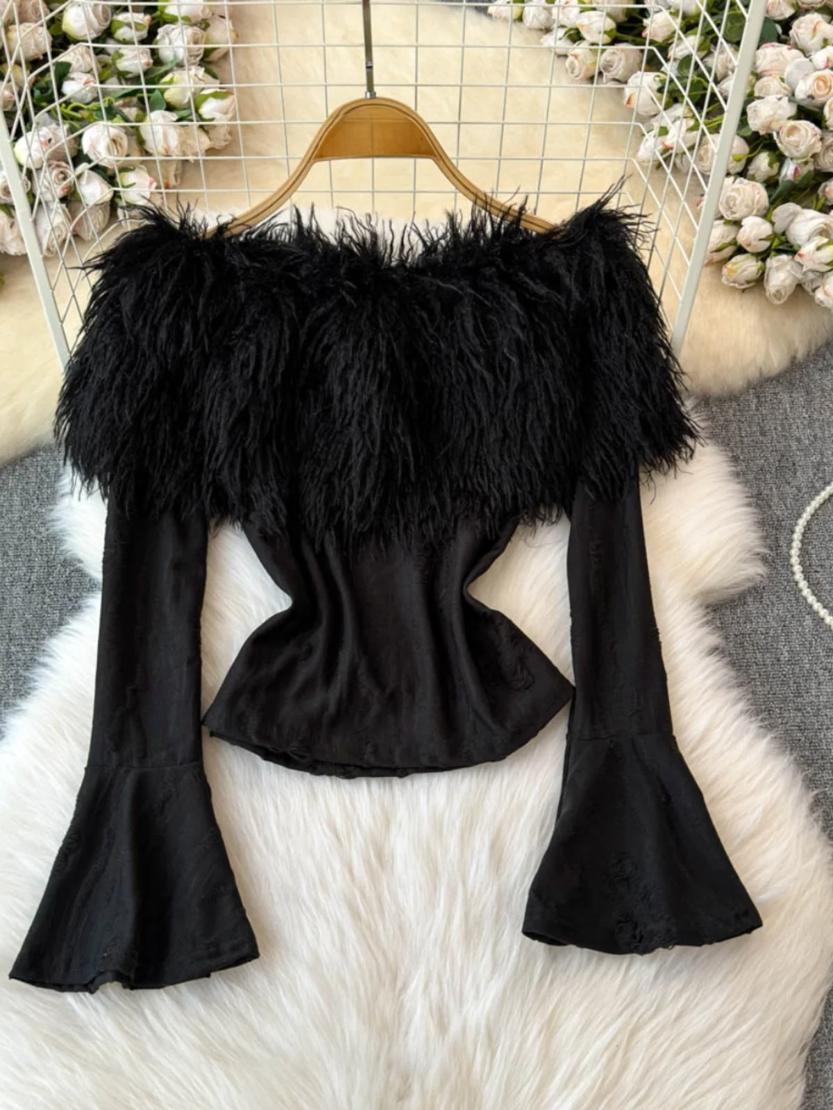 Sweter damski z dzianiny, odkryte ramiona, modny, dopasowany krój, wełniany kołnierz, jesień-zima, nowy, zapach herbaty.