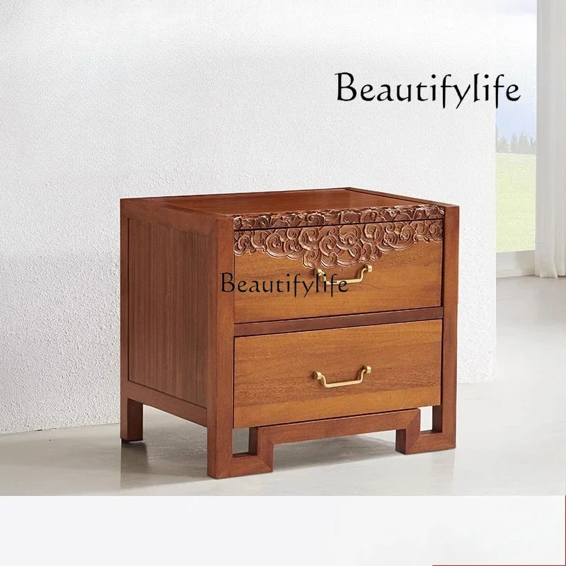 

yj7 South East Asia style new Chinese walnut solid wood bedside table carved double drawer bedside table