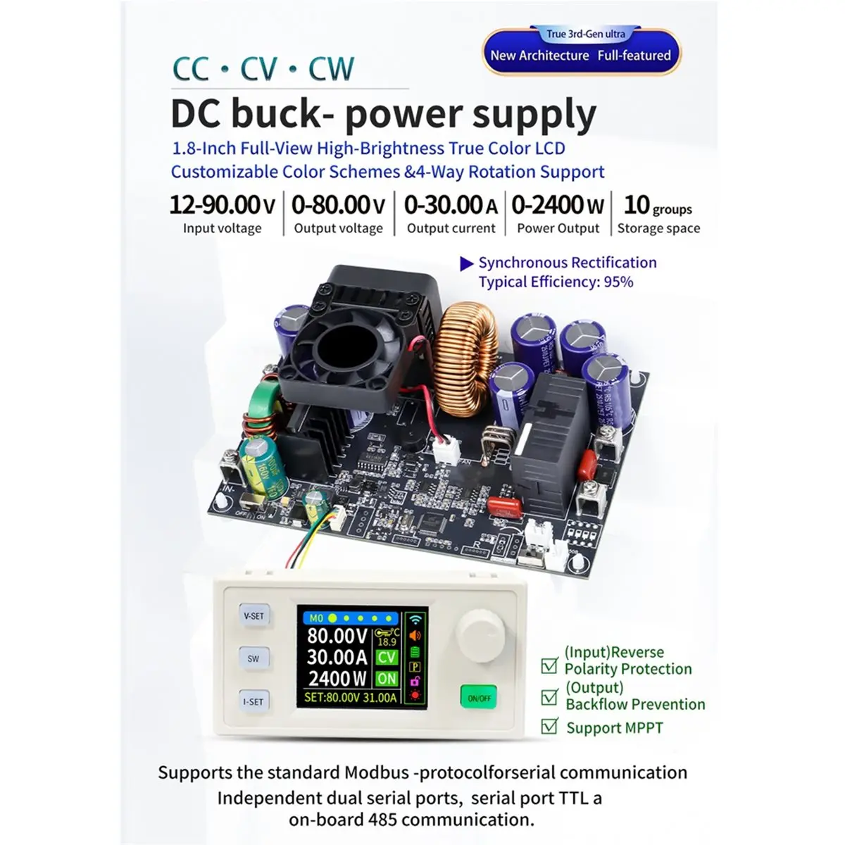 ABSF XY8030S CNC DC Buck Converter 80V 30A 2400W MPPT Solar Charging CV CC Step-Down Module Color LCD Display with Screen