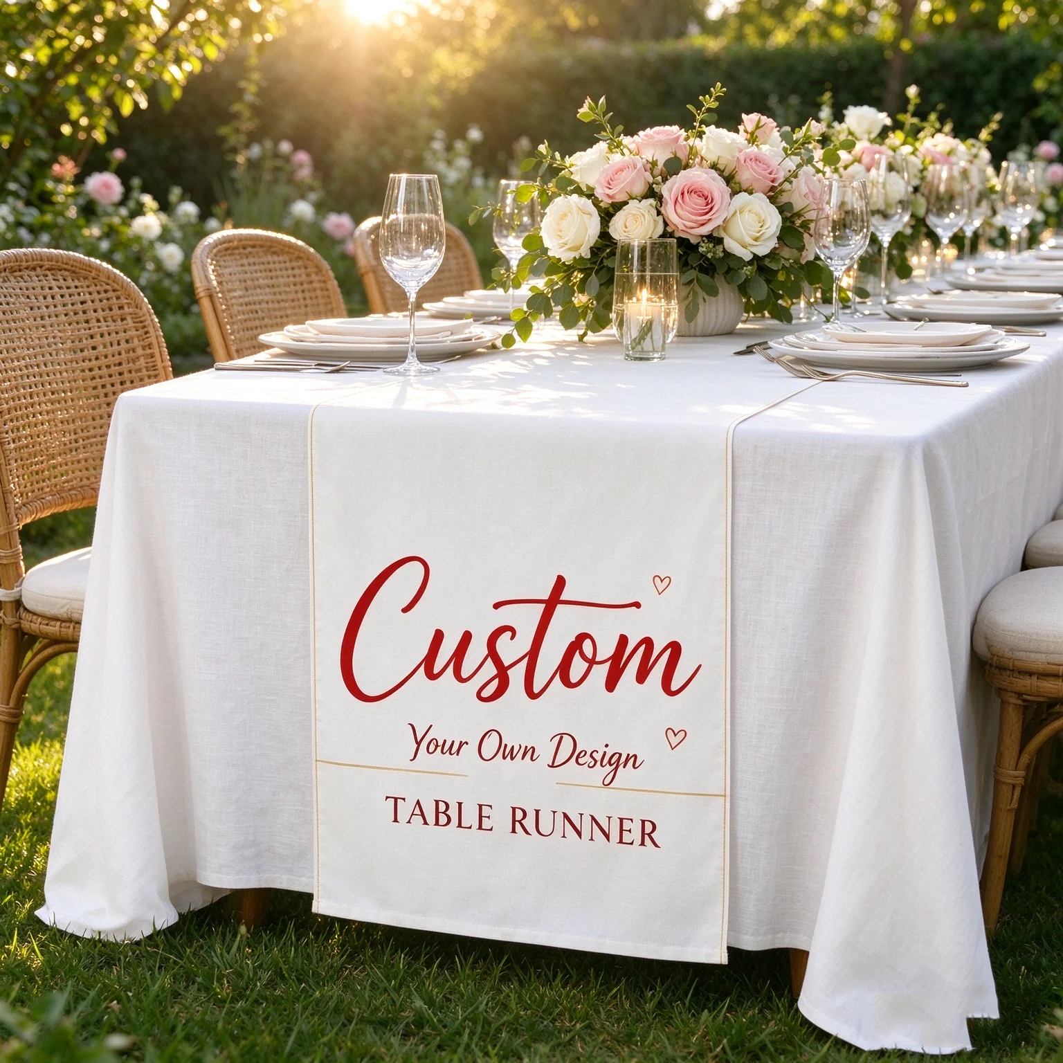 Custom-made branded tablecloths and table skirts featuring personalized logo printing—an ideal choice for trade show booths, eve
