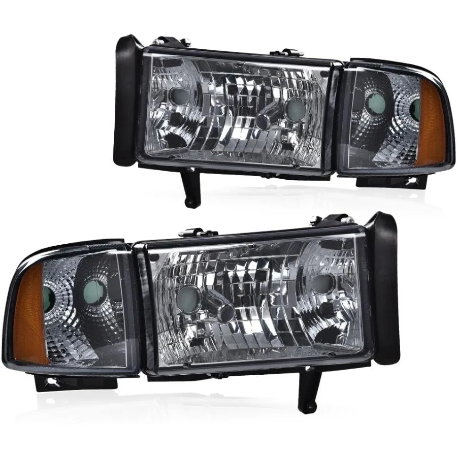 

Headlight Lamps Compatible with Dodge Ram 1500 1994-2001/ Fits Ram 2500 3500 1994-2002 Smoky lens Chrome Housing Amber Reflector