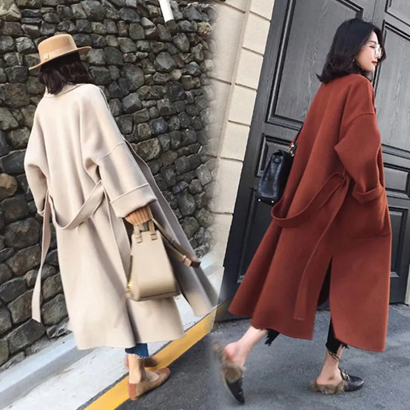 

Nice Autumn Winter Woolen Coat For Women Long Sleeve Woolen Blends Coat Open Front Parka With Belt Loose Casual Outerwear R251