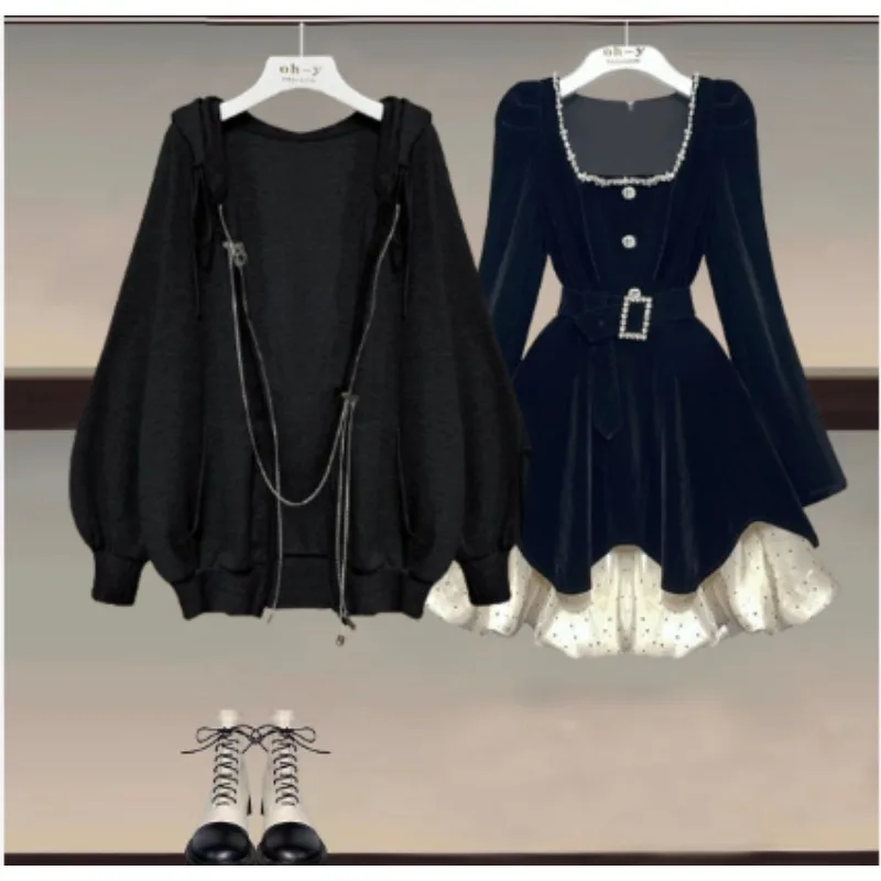 2026 ملابس نسائية كبيرة الحجم فستان الخريف مزاجه جديد صغير عطرة نمط موضة الربط ساحة الرقبة فستان أسود #5