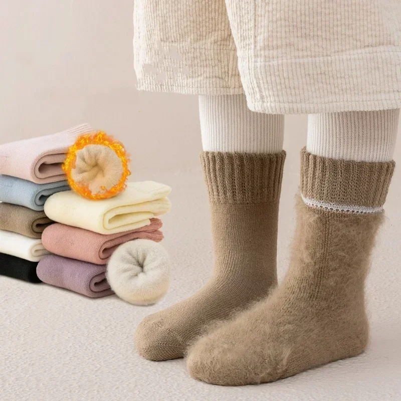 Warm Wool Furry Kids Sock for Boy Girl Simplicity Fashion Solid Color Calf Sock for Children Autumn Winter Cashmere Plush Sock