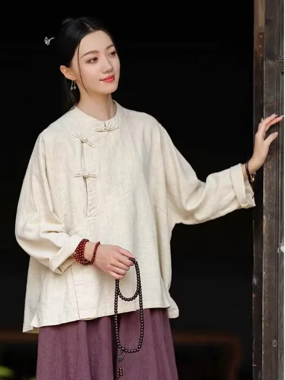 ربيع 2026 فضفاضة تناسب القطن الكتان المرأة irt طويلة Sve الوقوف طوق الصينية التقليدية زن Sle حفل الشاي الملابس