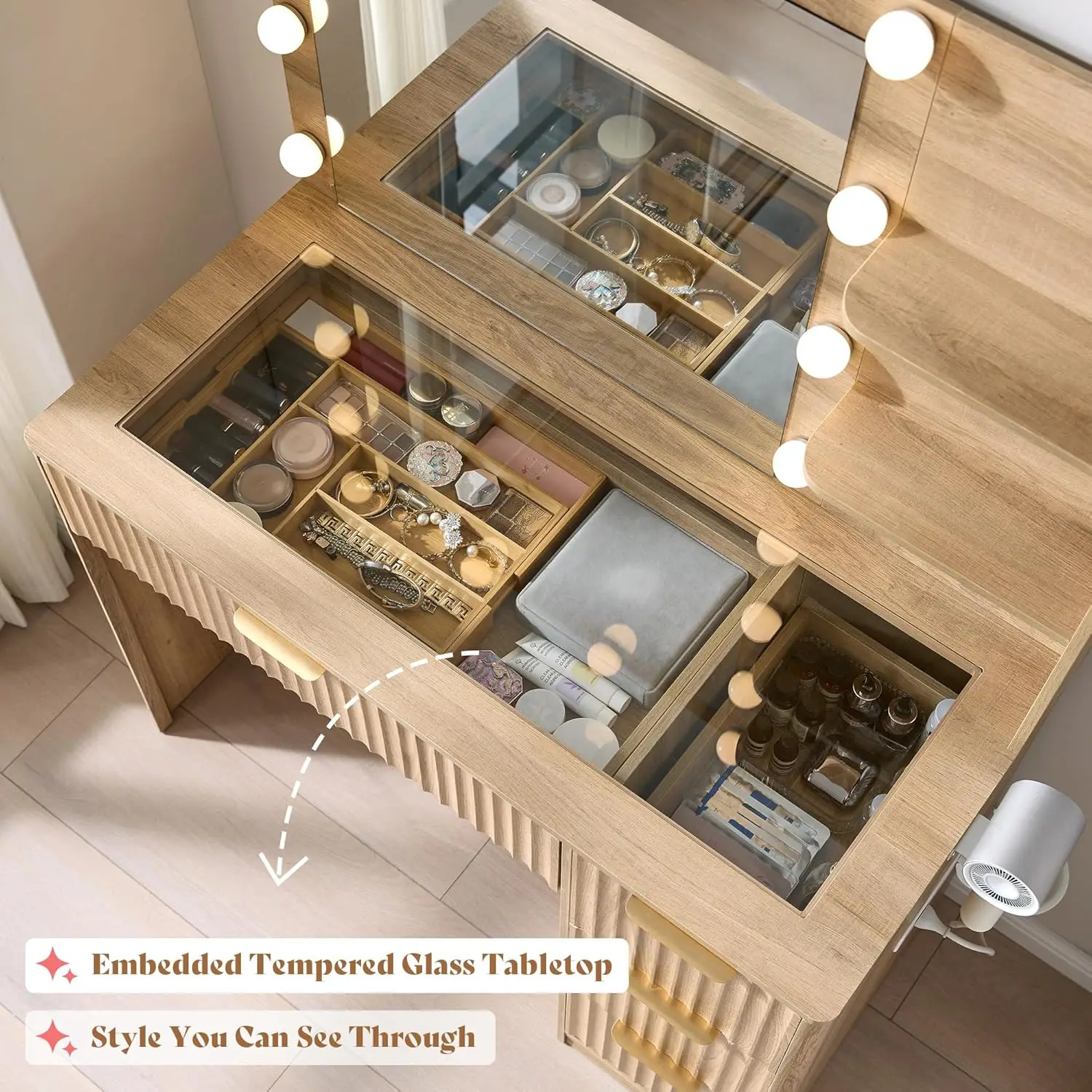 Natural Oak Fluted Vanity Desk with Glass Top for Bedroom or Dorm, Adjustable LED Lights & Charging Station view 6