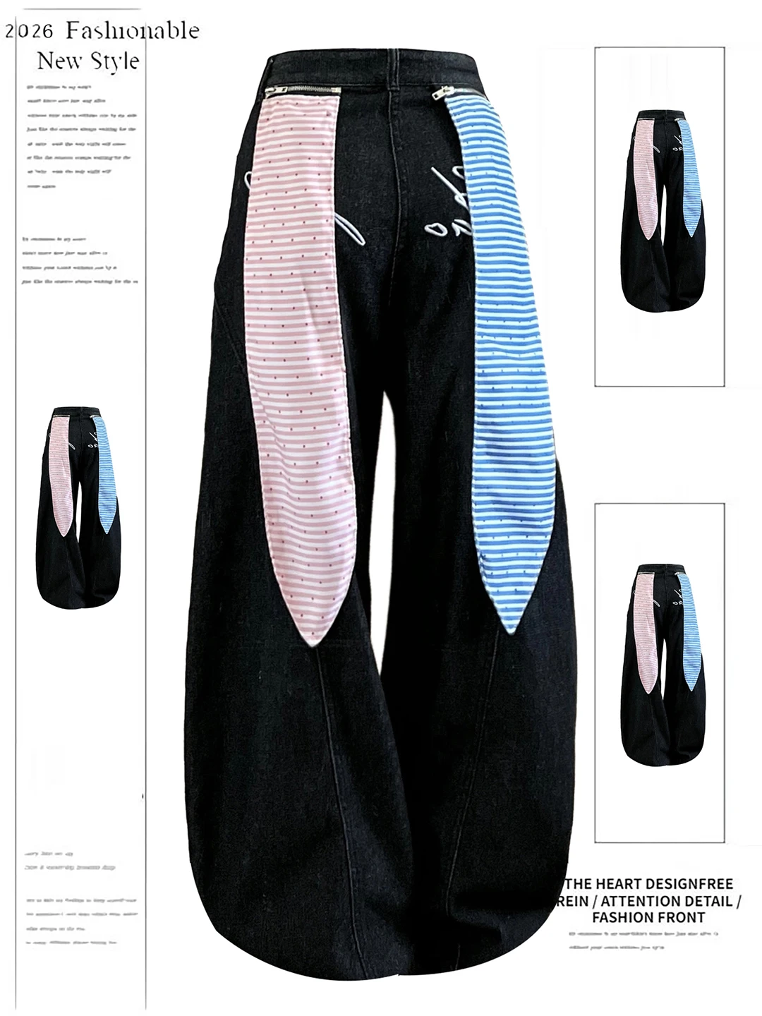 

Spring New Design Loose Slimming Casual Wide Leg Denim Pants Women's Sle High Waist Cotton Soft Wear Resistant Blue Pink Ra...
