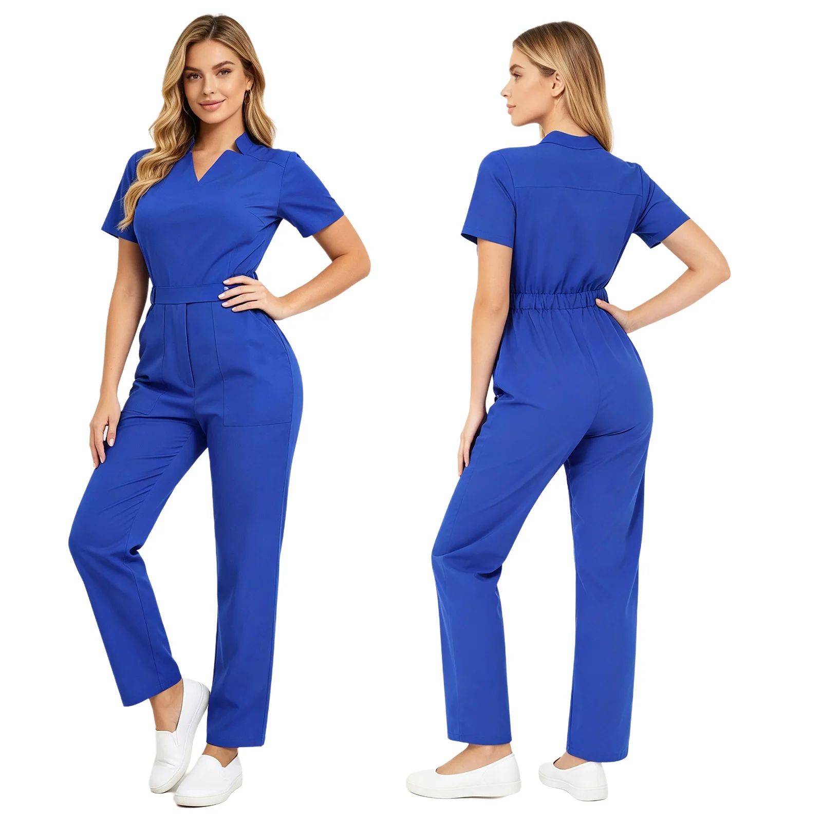 Women Medical Jumpsuit Nurse Doctor Coveralls Wrap Notched V-neck Short Sleeve Elastic Waist Anti-slip Zip Bodysuit with Pockets
