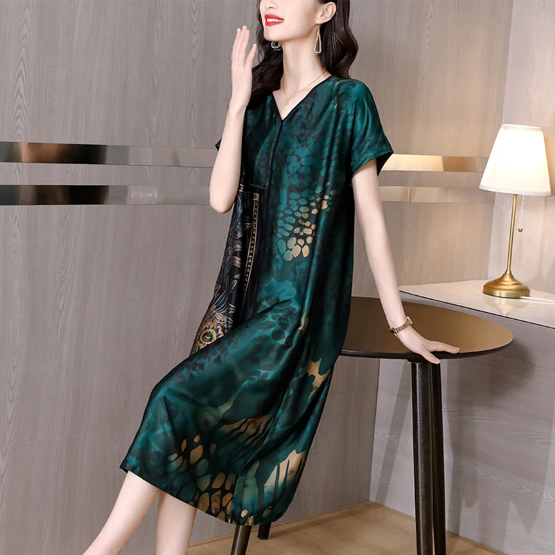 

Floral Women Mulberry Silk Midi Spring Summer Elegant Loose Waist Plus Size 2023 Korean Vintage Casual Party Dresses