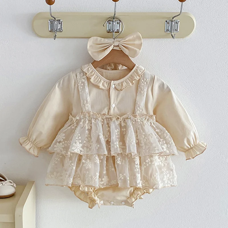 2026 New Spring 0-24M Baby Girl Clothing Toddler Baby Girl Romper Long Sleeved Cotton Lace Splicing Korean Style Climbing Suit