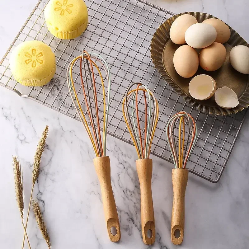 Kitchen Stainless Steel Whisk Creamer Semi-automatic Rotary Whisk Beech Wood Vase Handle Hand Mixer