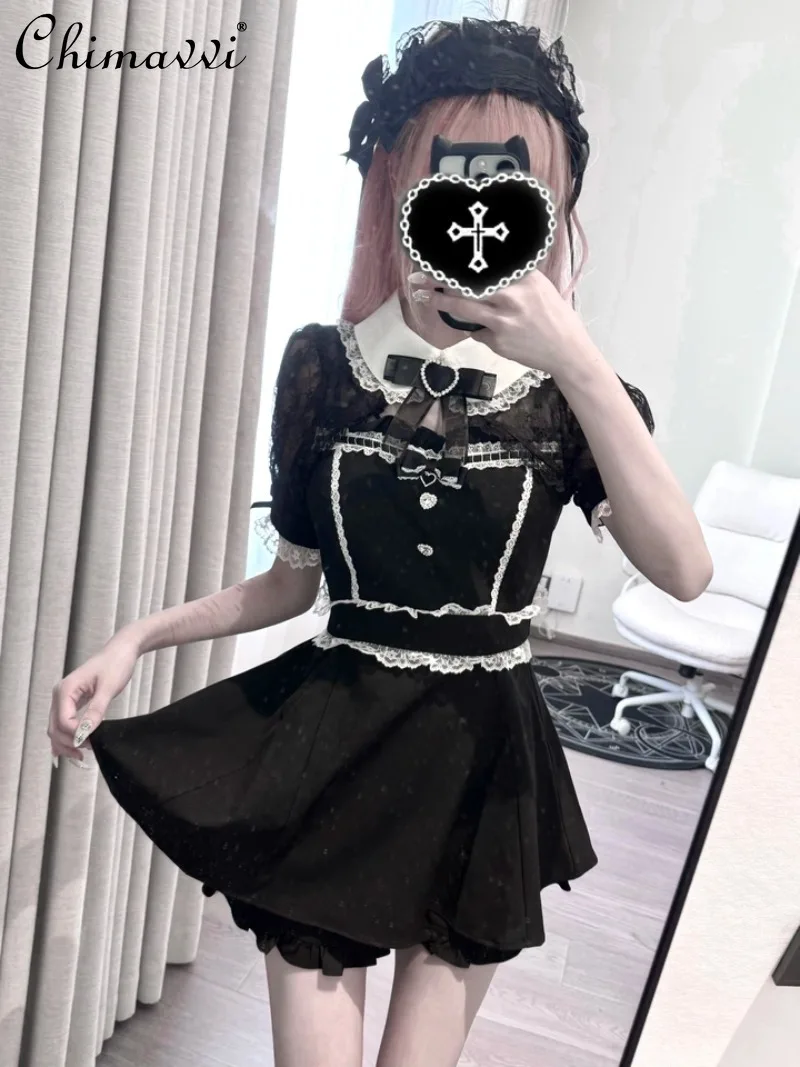 

Japanese Style Lace Shawl Bow Short Sleeve Top + Shorts Two-Piece Set Sweet Cool Girl Slim Fit Mass-Produced Lolita Outfit