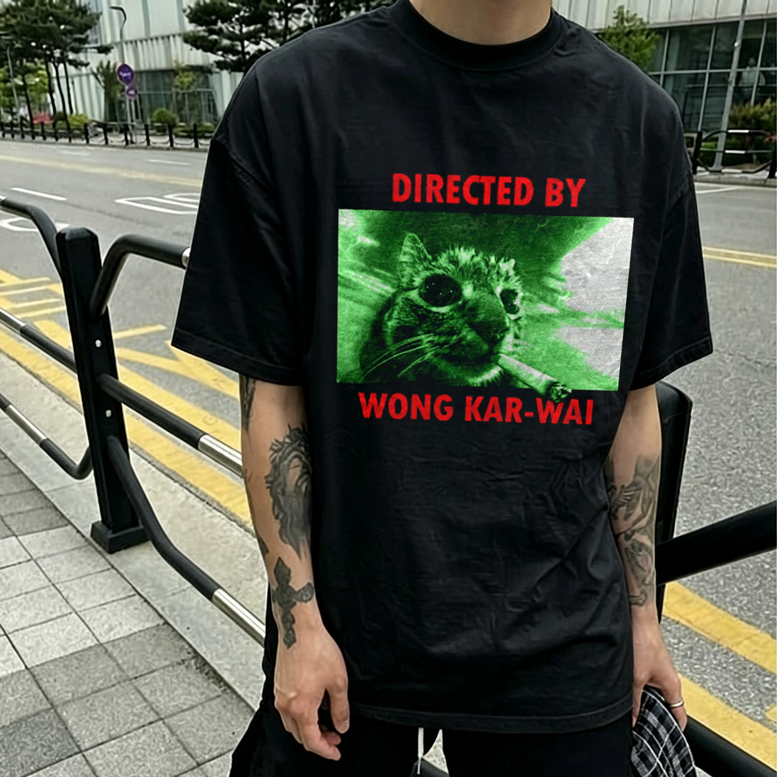 Vintage Wong Kar-wai Cat Indie Film Style Graphic Tee Grunge Cotton T-shirt Y2K Retro Print Men Women Harajuku Vintage Tops