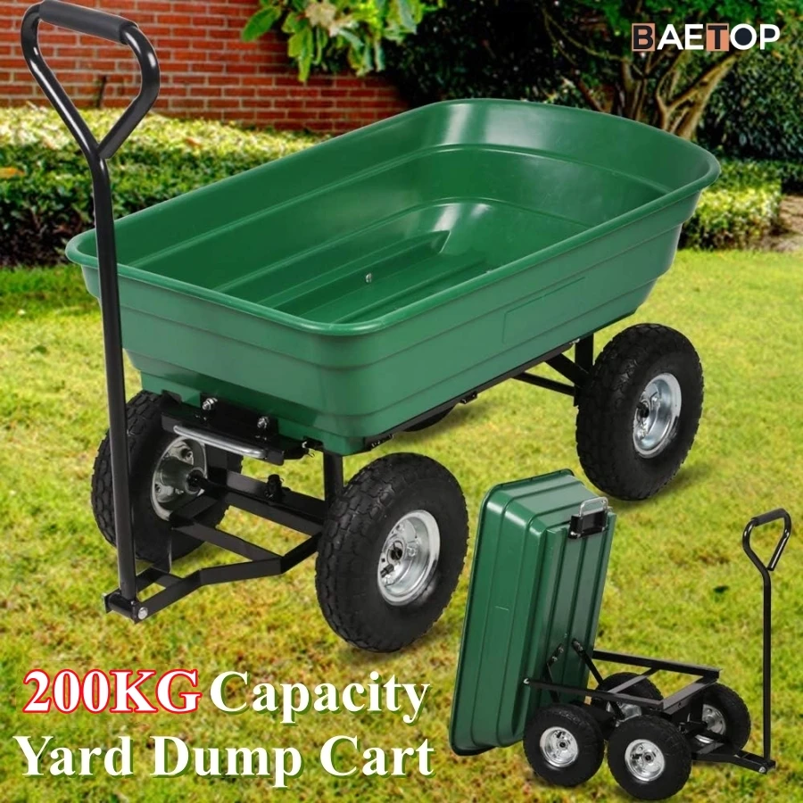 Garden Dump Cart, Heavy Duty Utility, Outdoor Lawn, Yard, Wagon Carrier with Sturdy Steel Frame, Wheelbarrow, 200kg Capacity