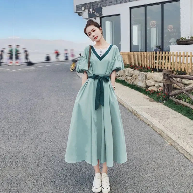 

Women 2024 Summer Fashion Short Sleeve Pockets Dress Female Long A-line Vestidos Ladies Patchwork Loose Casual Dresses X04