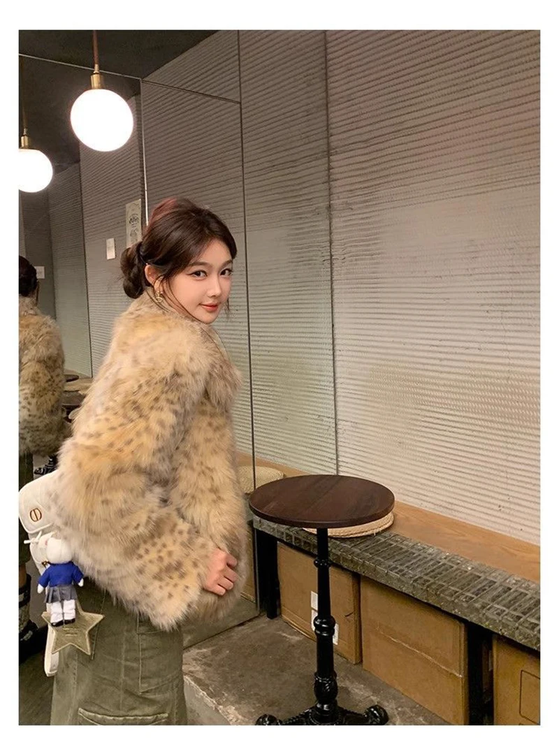 Leopard Faux Fur Coat Women Winter Thick Warm Vintage Streetwear Jacket Casual Zipper Female Retro American Hip Hop Outwear Tops