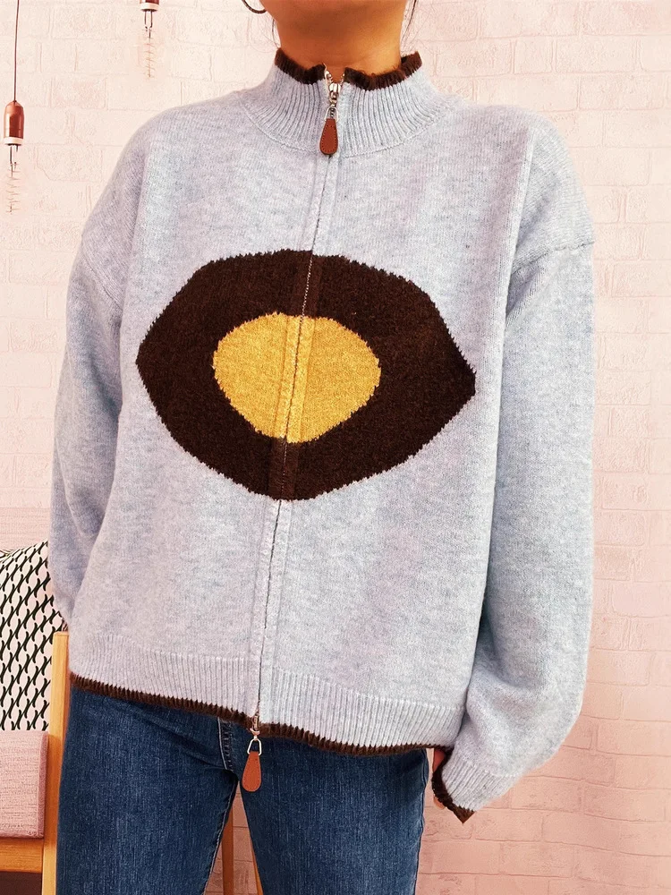 

New In 2025 Women's Autumn Winter Ring Jacquard Knitted Zipper Cardigan Jackets Female Long Sleeve Casual Sweater Coats