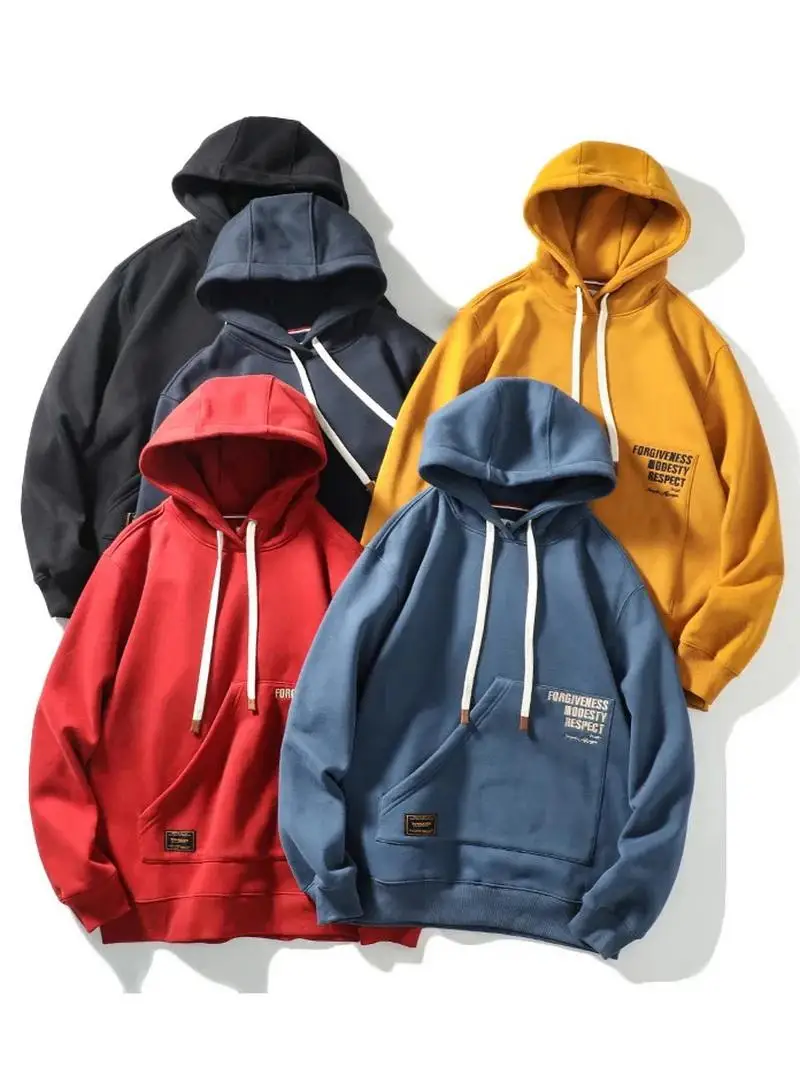 

Autumn Winter New Heavyweight Pure Cotton Waed Embroidered Fce Hooded Warm Base irt Men Loose Casual Sweatirt