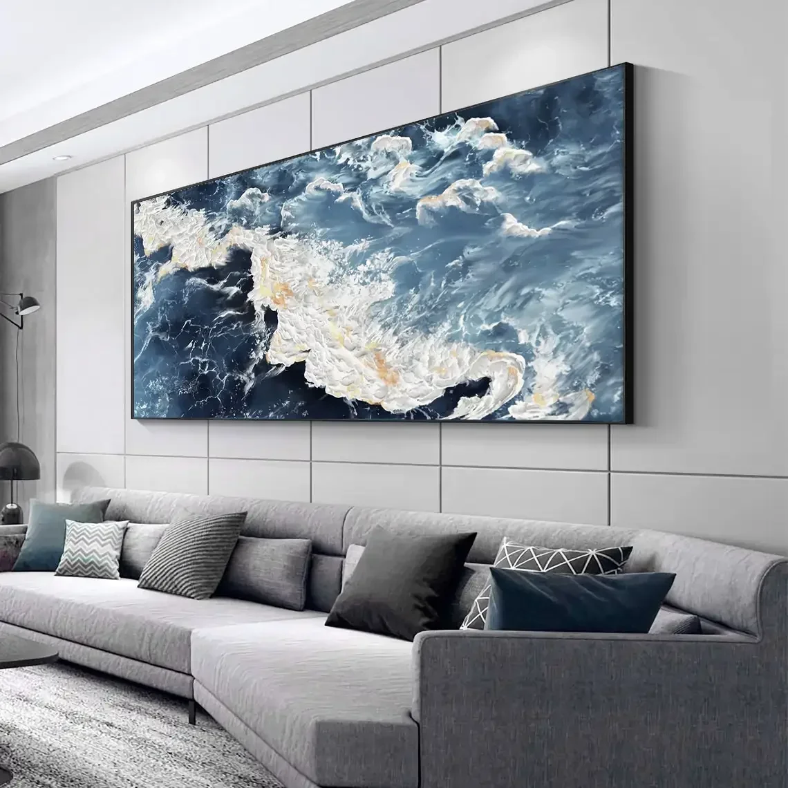 

Large Sea Canvas Painting, Handmade Blue Ocean Landscape Wall Art, Abstract White Wave, Textured Beach, Living Room Wall Decor