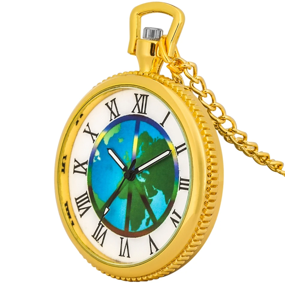 Top Luxury Gold Greenpeace Peace Sign Quartz Pocket Watch Pendant Green Peace Symbol Necklace Chain Clock for Men Women