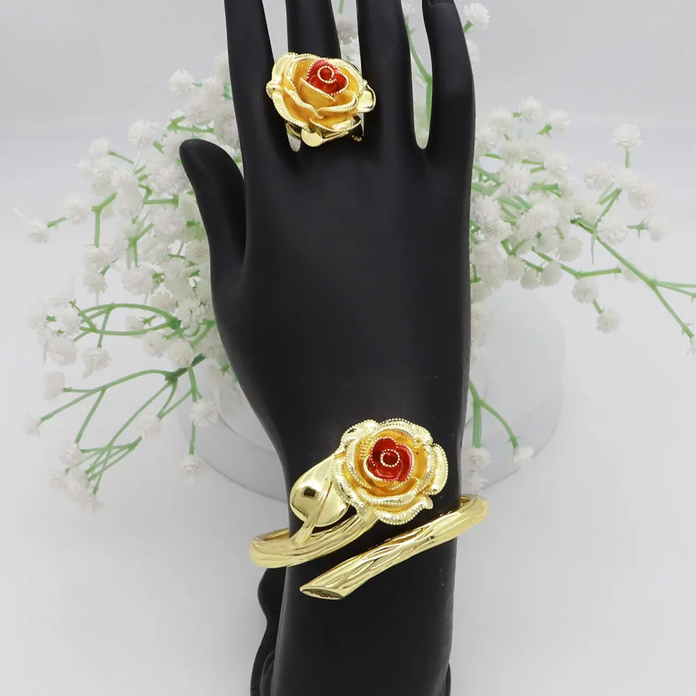 

Elegant Jewelry Set Gold Plated Bracelet Ring Adjustable Copper Bangle for Women Fashion Wedding Party Design