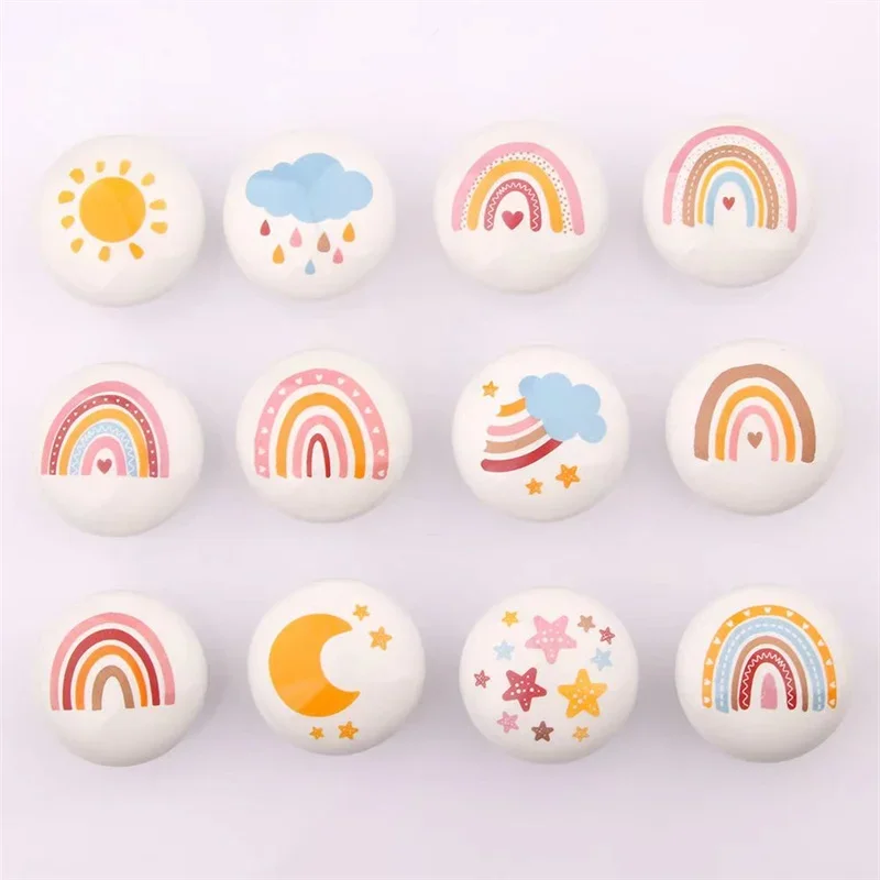 38mm Large Round Ceramic Furniture Handle Drawer Knob Cartoon Rainbow Printing Handles Wardrobe Cabinet Door Pulls Diy