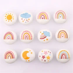 38mm Large Round Ceramic Furniture Handle Drawer Knob Cartoon Rainbow Printing Handles Wardrobe Cabinet Door Pulls Diy