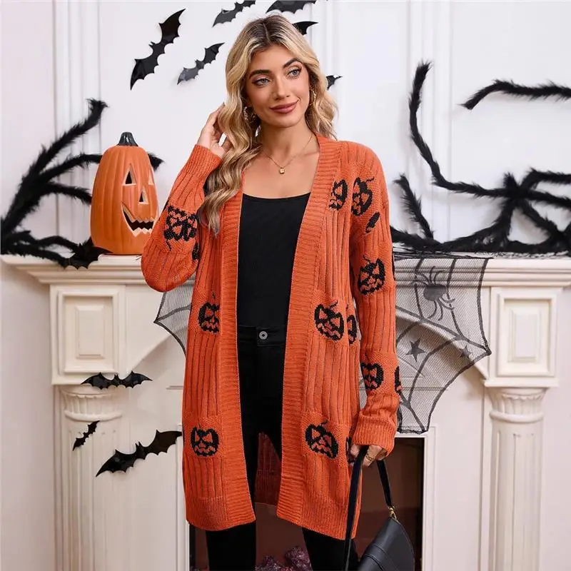 

loween Pumpkin Head Pattern Knitted Open Cardigan Sweater Women's Sle Long Sve Mid-Length Tee-acetate Fiber Coat