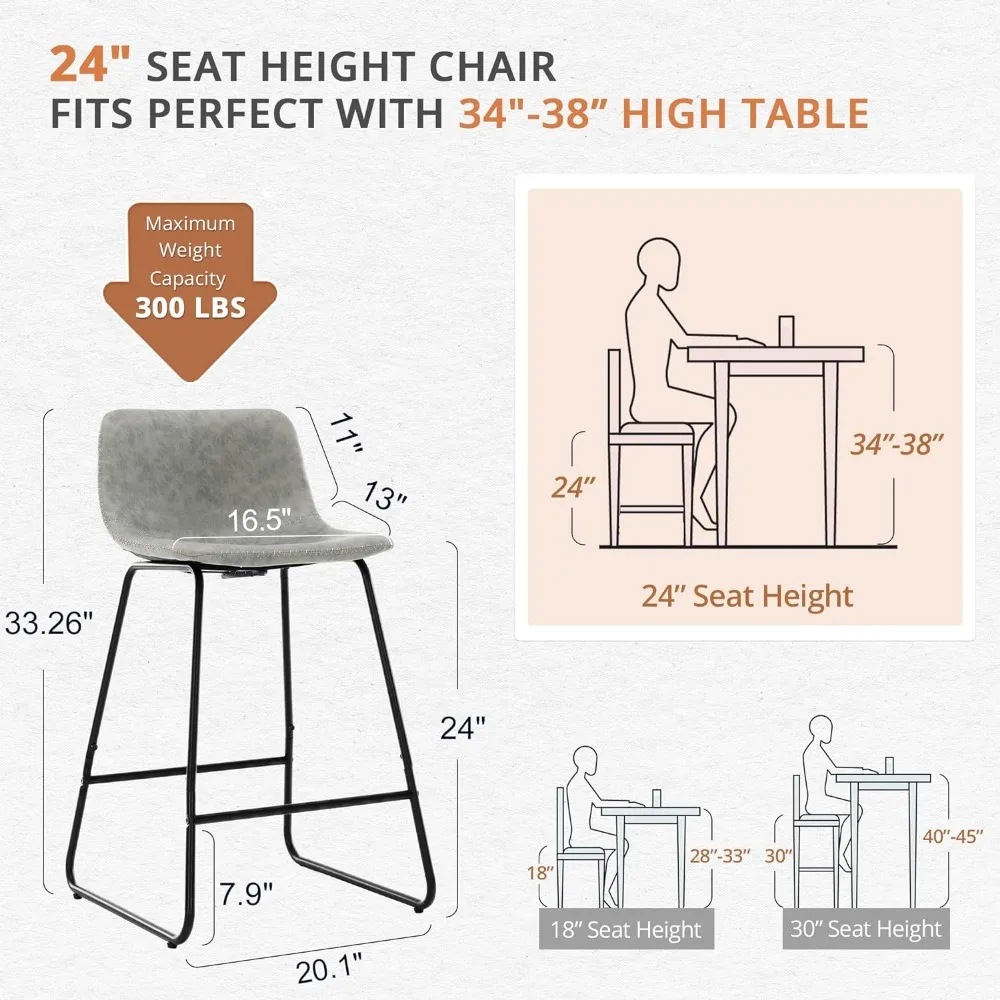 Bar Stools Set of 4, 24" ALX Faux Leather Barstools, Modern Counter Height Stools with Back and Metal Legs