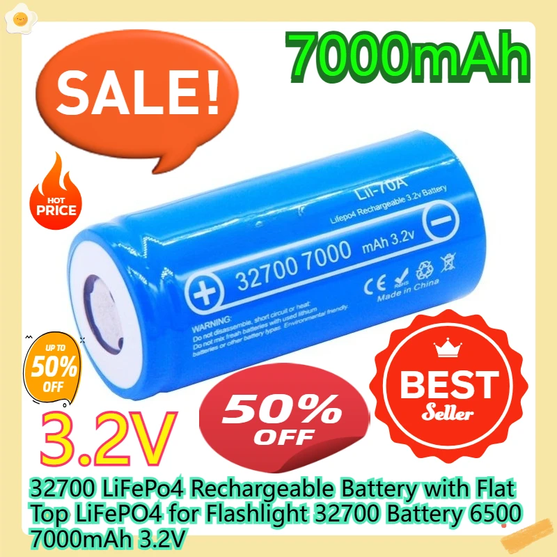 

32700 LiFePo4 Rechargeable Battery with Flat Top LiFePO4 for Flashlight 32700 Battery 6500 7000mAh 3.2V