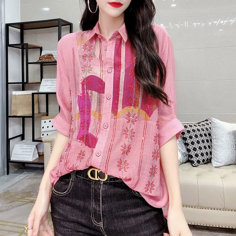 Streetwear Loose Stylish Single-breasted Blouse Summer Casual Printed Female Clothing Polo-Neck Short Sleeve Chic Diamonds Shirt