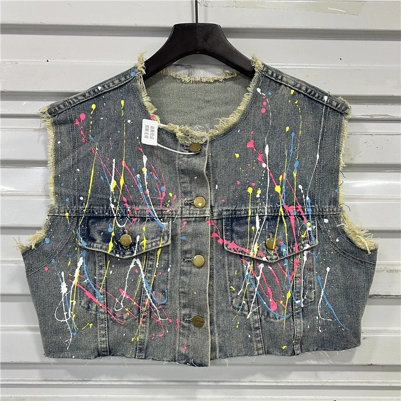 

Spring Summer Vintage Hand-Painted Graffiti Print Denim Vest Women Round Neck Single-Breasted Sleeveless Jeans Jacket Streetwear