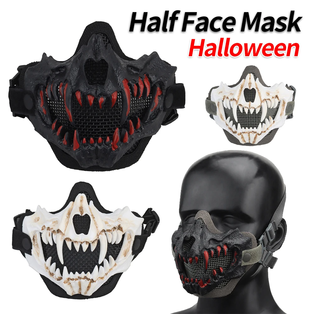 Half-face Fangs Party Mask Cosplay Airsoft Paintball Cover Mask Horror Halloween Cosplay Costume Mask Party Props Party Decor ﻿