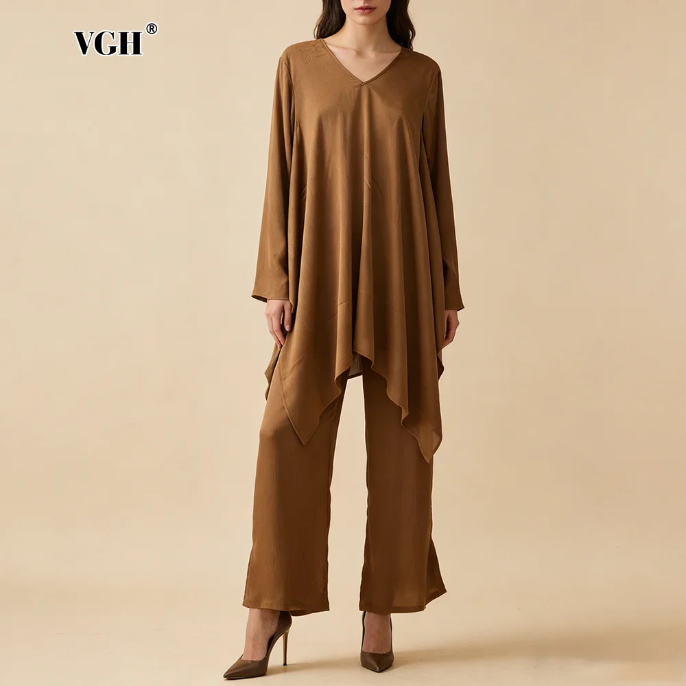 

VGH Stylish Oversized Asymmetrical Two Piece Set for Women V Neck Flowy Tunic Top Wide Leg Pants Outfits for Business Meetings