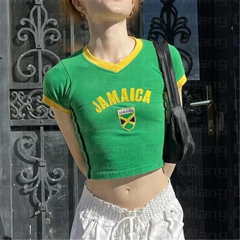 Gaono Jamaica Shirts for Women Baby Tees Graphic Y2k Crop Tops Short Sleeve Grunge T-Shirt Summer Aesthetic Fairycore Clothing