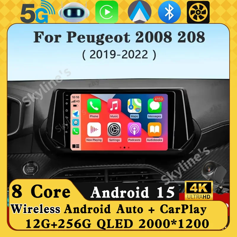 For Peugeot 2008 208 2019 2020 2021 2022 Android 16 Carplay Auto Car Radio Multimedia Video Player Navigation GPS  No 2Din 2 Din