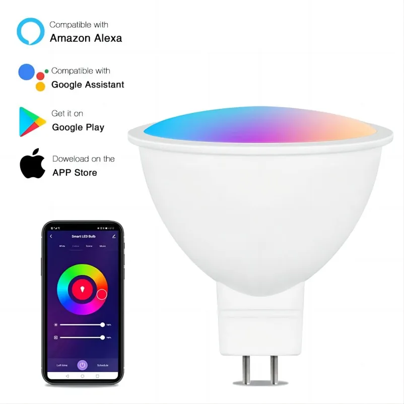 Suidhome Smart LED Bulb WIFI Connect GU5.3/MR16 DC12V Mini Spotlight 5W Lamp Work With Alexa Google Home RGBCW Color Changing