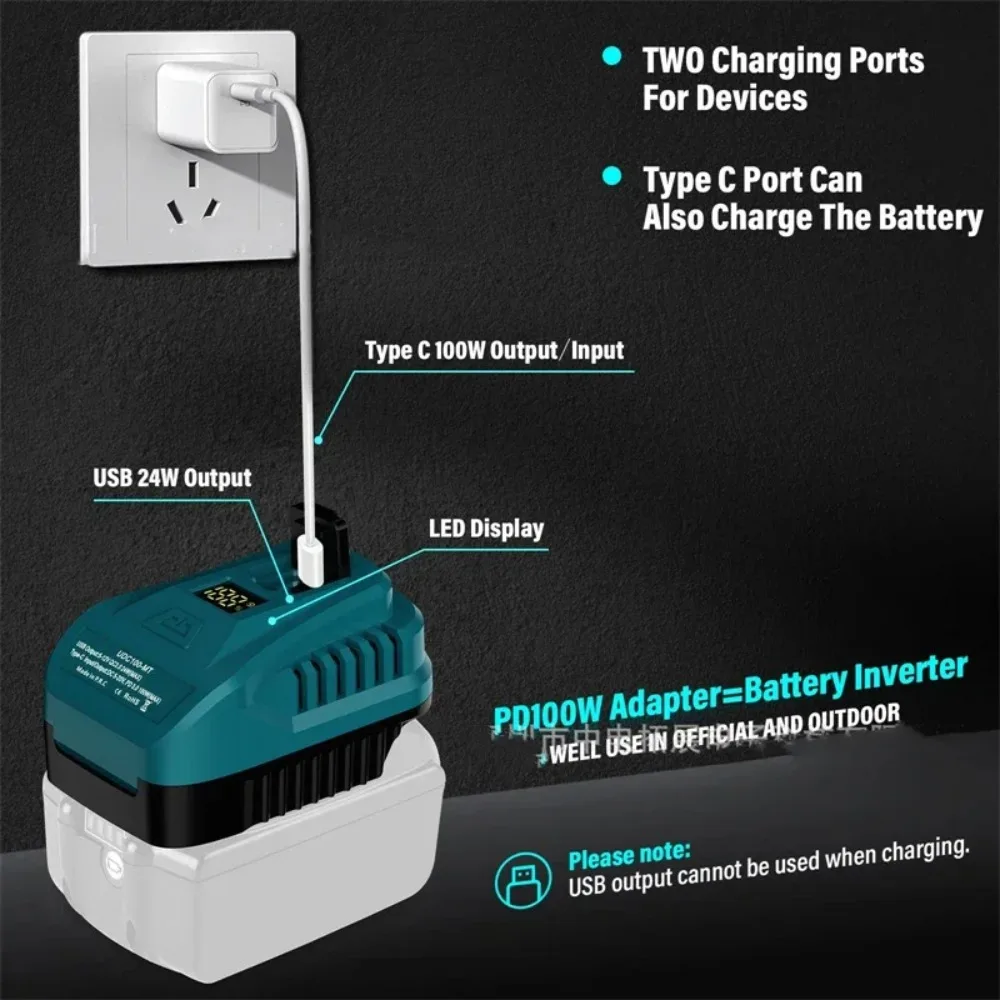 2 in 1 100W Power USB Charger For Makita 18V Li-ion Battery Adapter Converter with LED Display Type-C USB Port