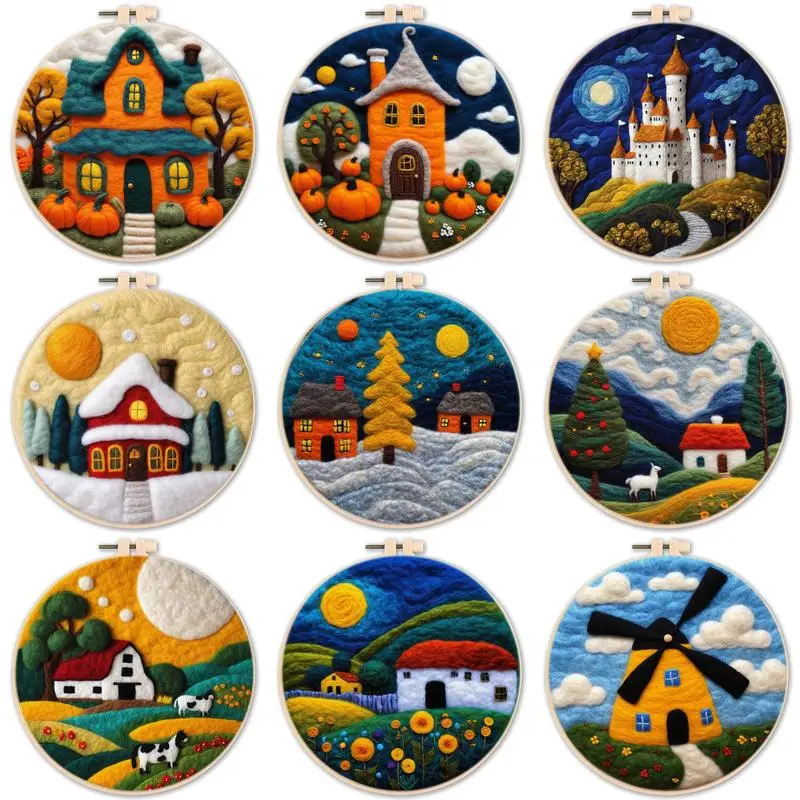 SDOYUNO Wool Felting Painting Kit House Landscape Handmade Needle Wool Painting Foam Mat Felt Cloth Home Decor For Beginners