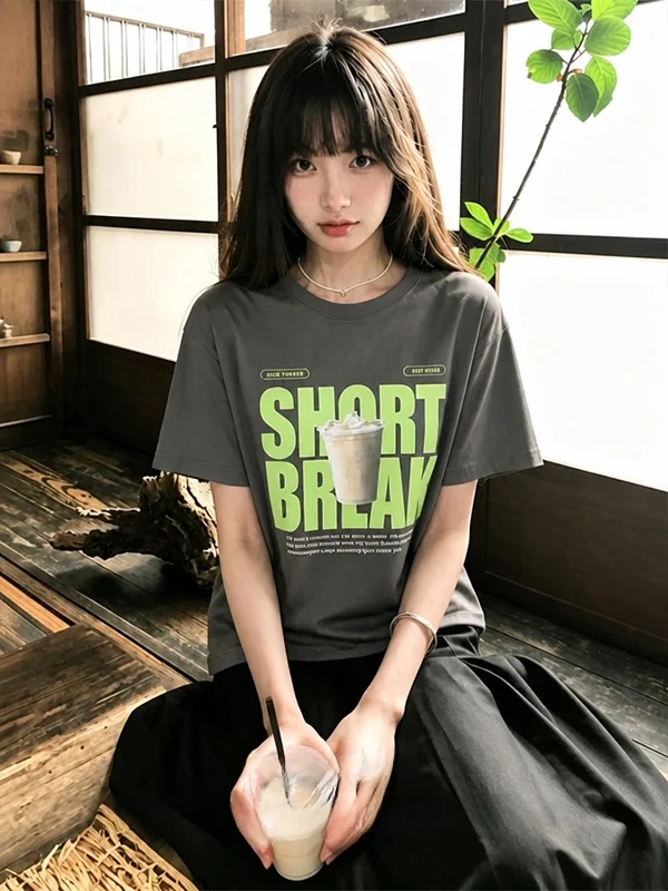 plus Size American Style Letter Print T-Shirt Summer Slimming Fashionable Travel Atmosphere Top Women's round Neck Short Sleeve