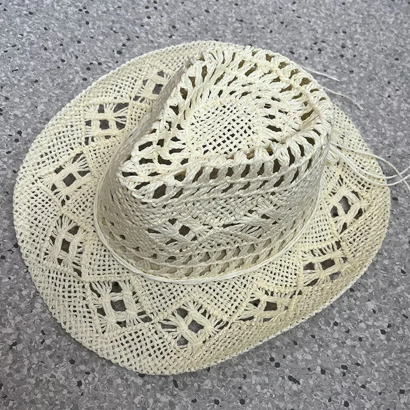 Straw Western Cowboy Hat for Women Men Classic Vintage Hollow Out Unisex Curled Wide Brim Sun Hat Fishing Hat Climbing Cap image 3