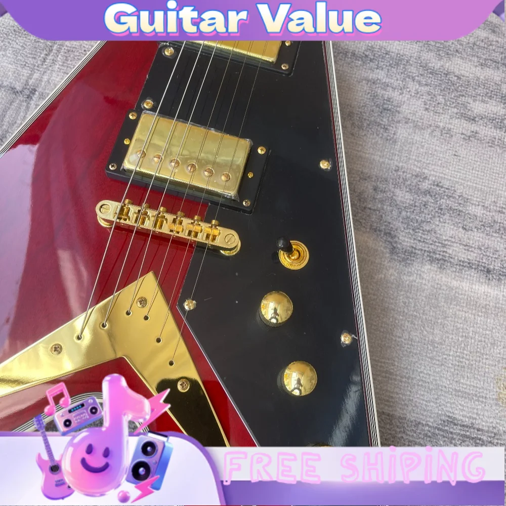 Electric Guitar Transparent Wine Red Gloss Finish Mahogany Grain Visible Gold Hardware Large Black Guard HH  Pickup Vintage