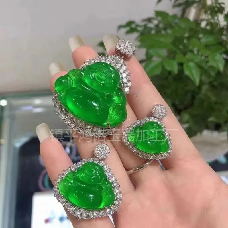 

Bashan Necklace Imperial Green Full Jade Small Buddha Pendant Clavicle Chain