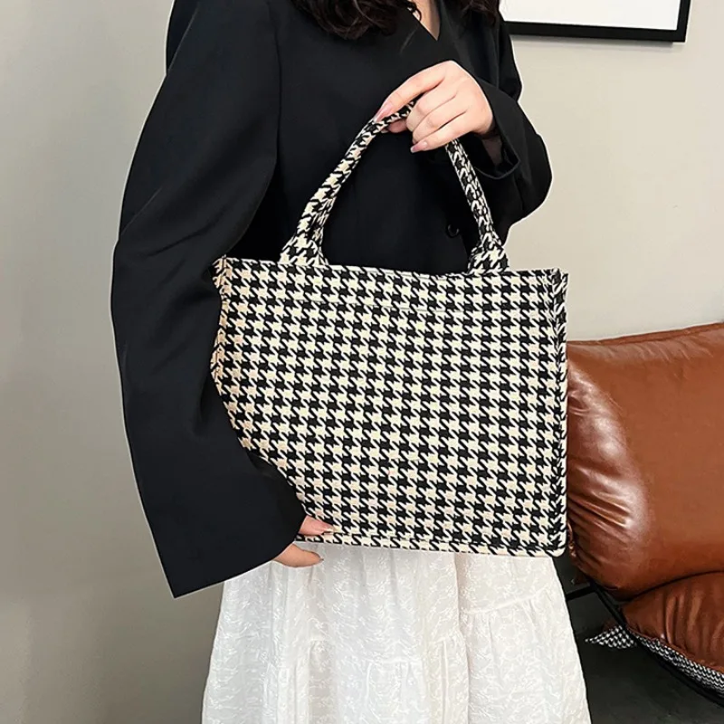 Large Capacity Houndstooth Tote Bags Women Portable Office Lady Canvas Handbags Fashion All-match Shoulder Bag Elegant Bolsos