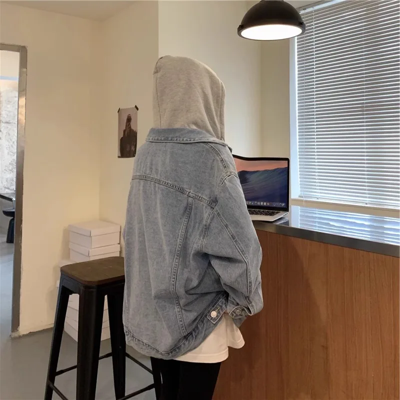 plus Size Retro Short Denim Jacket Women Loose Korean Style Autumn Winter New Hat Hooded Top for plus Size Women Commute Style