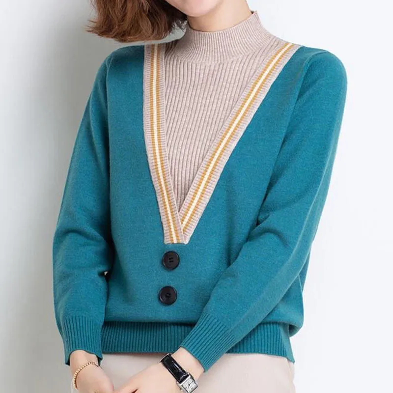 Fashion Loose Fake Two Pieces Spliced Sweaters Autumn Winter Women's Clothing Casual Half High Collar Lady Knitted Pullovers
