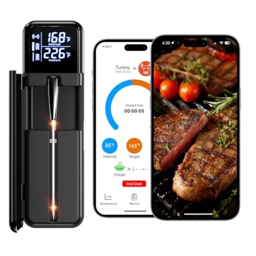 

Smart Wireless Meat ThermometerDigital Cooking Thermometer with Dual High-Accuracy Sensors Ceramic Heat-Resistant Probe Instant