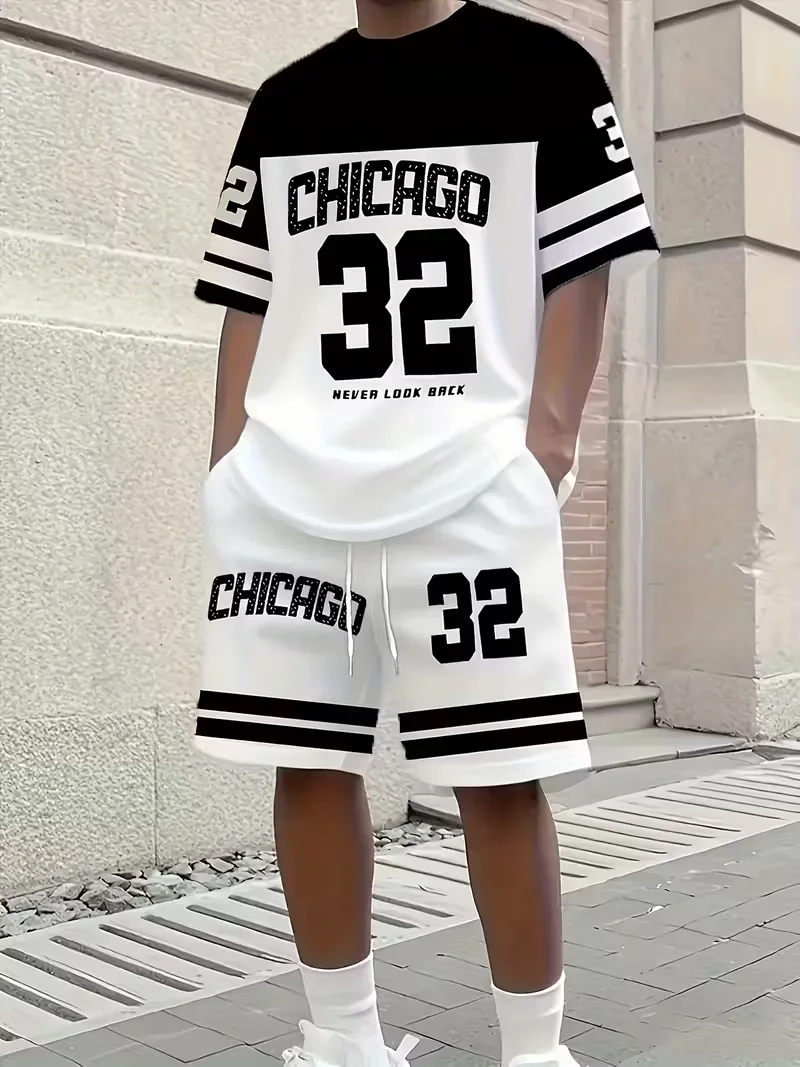 

Summer Men's Casual Chicago NO.32 Print Short Sleeve T-Shirt & Shorts Set Round Neck Short Sleeved Women's T-shirt Shorts Set