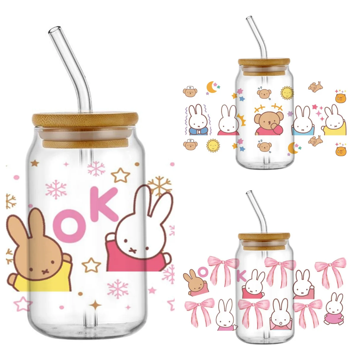 لتقوم بها بنفسك الكرتون عصا الشكل أرنب سهل قشر مقاوم للماء لتقوم بها بنفسك الشارات ثلاثية الأبعاد نقل ملصقات 16 أوقية UV DTF كأس يلتف لنظارات Libbey #1